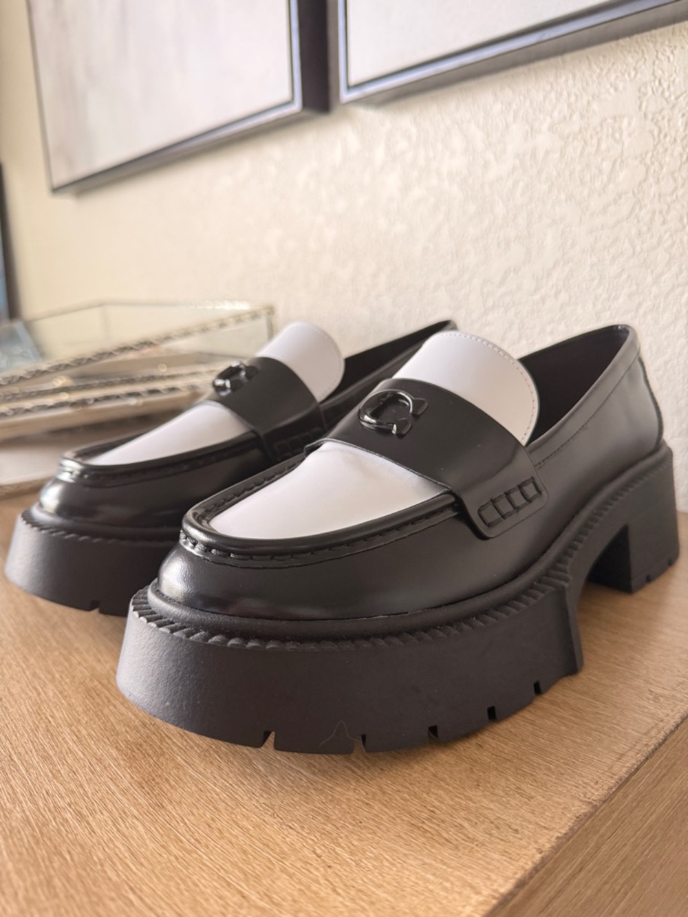 Coach Women's Leah Platform Loafers in black and white leather